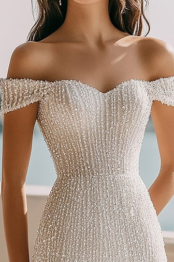 Ivory Off the Shoulder Bodycon Engagement Dress with Sequins